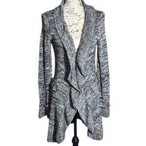 White House Black Market Marled Ruffled Knit Cardigan Black Gray Metallic Silver